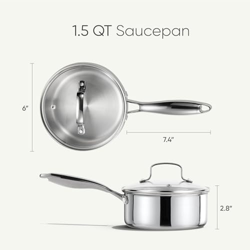 Image of CAROTE 1.5Qt Stainless Steel Saucepan, Non-Toxic 3-Ply Stainless Steel Cookware Set with Lids, Small Kitchen Pots, Oven Safe, Compatible with Induction, Ceramic, Gas