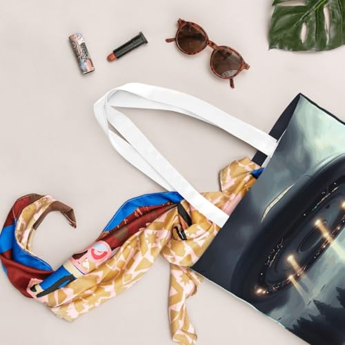 Canvas Tote Bag for Women Shoulder Tote Purse Reusable Grocery Bag UFO Landing Aesthetic Shopping Bags4