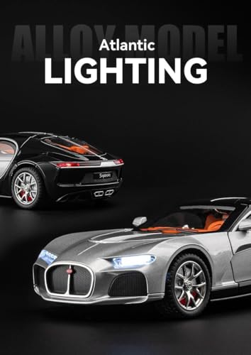 Image of 1:24 Bugatti Atlantic Model Zinc Alloy Diecast Metal Pullback Openable Doors Toy Cars with Flashing Light and Musical Sound Toy Vehicle for Kids Black