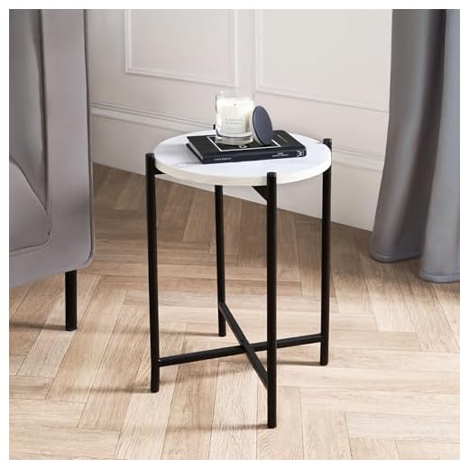 OHS Round Side Table for Living Room, White Mable Top Small Coffee Tables with Sturdy Metal Frame Decorative Nightstand End Table Bedside Tables for Bedroom Office