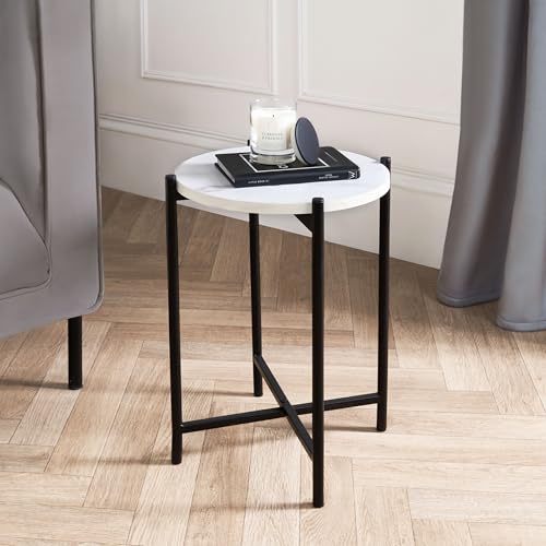 OHS Round Side Table for Living Room White Mable Top Small Coffee Tables with Sturdy Metal Frame Decorative Nightstand End Table Bedside Tables for Bedroom Office