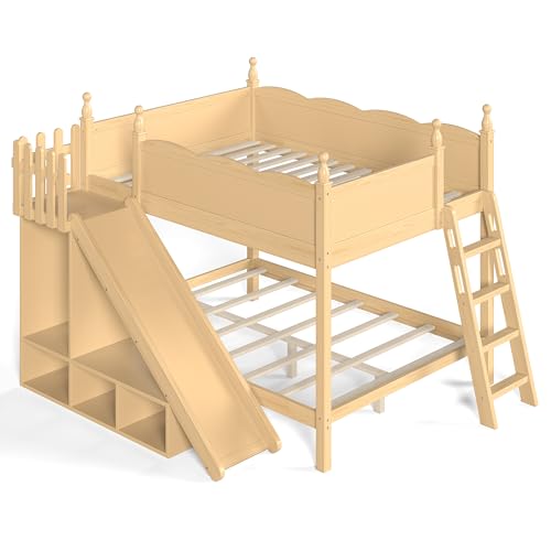 Image of Bellemave Bunk beds Full Over Full with Slide and Stair, Low bunk /loft Bed for Kids,Natural