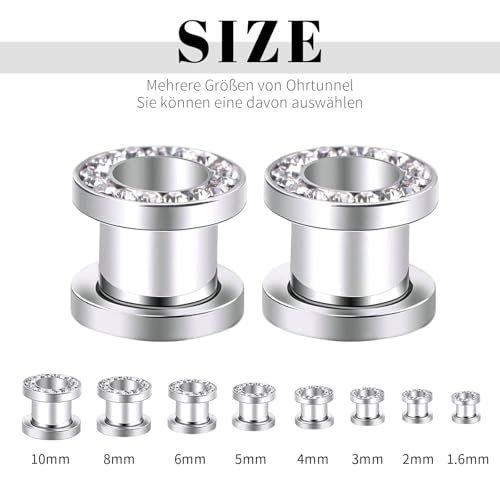 Daesar Tunnel 3MM, Ohr Plugs Edelstahl Silber Hoop mit Zirkonia Ohrringe Piercing Ohrr Tunnel Set