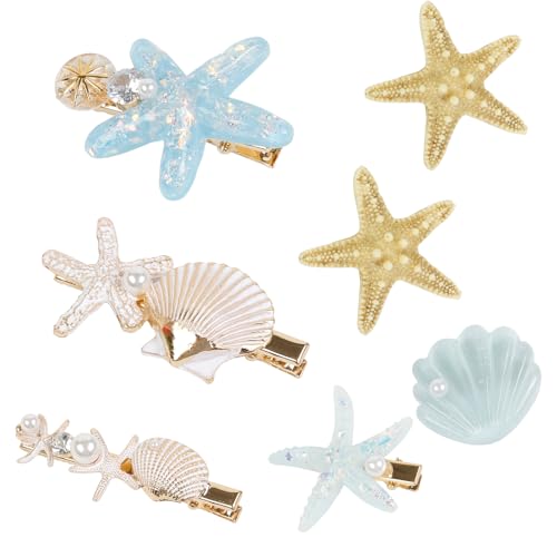 Shell Pearl Starfish Hair Clip Set -7 PCS Mermaid Hair Accessories for Women and Girls Princess Alligator Hair Clips Seashell Headwear Styling Tools for Mermaid Halloween Beach Costume
