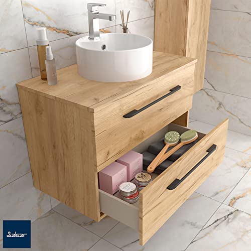 Salgar-Mueble-de-bano-Morai-60-cm-100-montado-de-fabrica-Acabado-Roble-Tirador-Negro-suspendido-2-cajones-Cierre-amortiguado-Lavabo-sobre-encimera-Marca