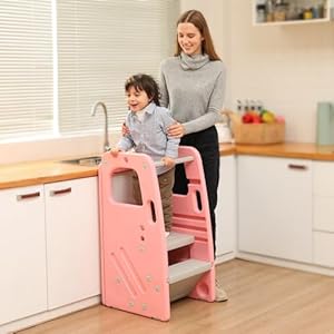 Sdadi toddler kitchen stool helper plastic step stool for kids with 3 adjustable height dual safety rails and non slip feet pads pink  urban country home decor