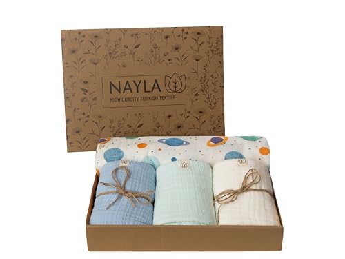 Nayla Muselinas Bebe Algodon 120x120 y 65x65-100% Organico con Gasas Grandes Suaves para Recién Nacido Muy Versátiles como Arrullo para Verano - Manta Ligera Color Azul Planetas.