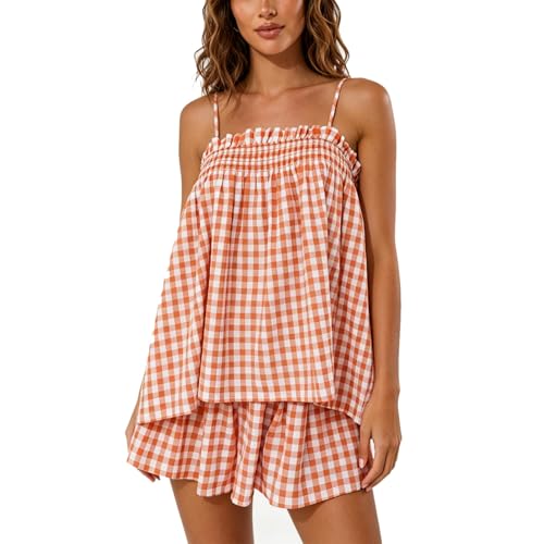 Image of SOOKABEILA Women 2 Piece Lounge Set Sleeveless Striped Cami Peplum Top Boxer Shorts Loose Ruffle Matching Pj Sets Outfits