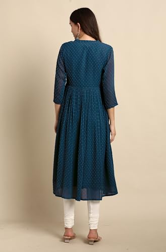 Image of Janasya Women's Dobby Chiffon Self Design Flared Kurta