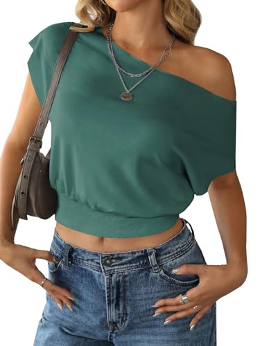 Image of SOFIA'S CHOICE Women's Off The Shoulder T Shirt Crop Top Casual Summer Dolman Sleeve Asymmetrical Cinched Waist Tops
