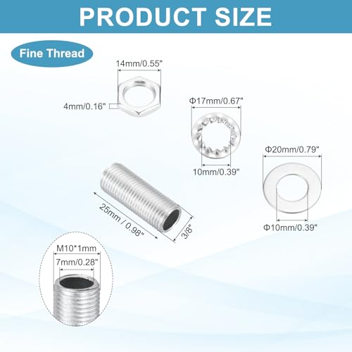 Image of MECCANIXITY 35Pcs 1 inch Lamp Pipe Nipples Kit with Hex Nuts Washers, M10 Fine Threaded Hollow Tube Repair Hardware Fasteners Assortment for Assembly Chandelier Ceiling Lamp DIY, Silver