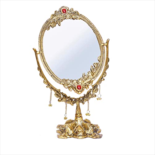 Image of KridayKraft Gold-Plated Double-Sided Oval Metal Table Mirror - Floor-Mounted Unframed Vanity Mirror for Home Decor, Birthday, Anniversary, Wedding & Festive Gifting for Loved Ones