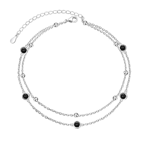 Image of Flyow Anklet for Women S925 Sterling Silver Adjustable Foot Beaded Heart Charm Ankle Bracelet Anklets Jewelry