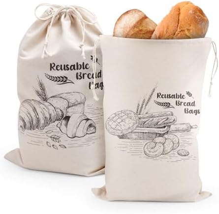 2pcs Unbleached Bread Bags, Reusable Cotton Bread Bags Washable Linen Cloth Bread Bags Waterproof Linen Bread Storage Bags for Sourdough Bread Croissant Bagels Toast