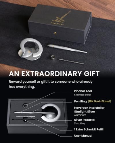 Image of novium Hoverpen Interstellar - Luxury Pen Made With Aerospace Alloys, Unique Aesthetic, Free Spinning Executive Pen, Desk Decor (Starlight Silver, 18K-Gold)