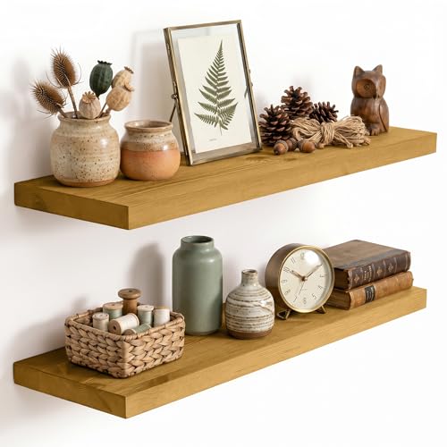 Image of Solid Wood Floating Shelves for Wall 30 inch,Natural Wooden Shelf Set of 2