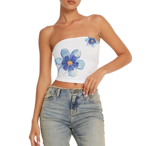 Cropped Top Mujer Verano Strapless Bandeau Tops Hombros Descubiertos Y2K Tube Tops, sin mangas, con estampado de flores, espalda descubierta, ropa de calle, túnica ajustada, azul, L