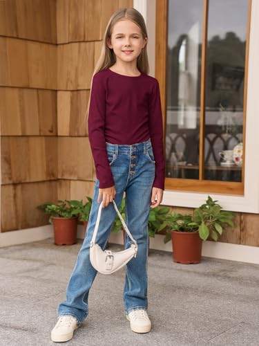 Image of Haloumoning Girls Long Sleeve Shirts Crewneck Ruched Side Slim Fit Tops Ribbed Knit Casual Tee Shirt 4-15 Years