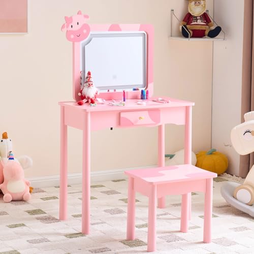 Image of Vanity Set,ShyneeMakeup Dressing Vanity Set Wooden Princess Makeup Table with Cushioned Stool,Drawer,Wooden Legs and Mirror, Make Up Dressing Play Set for Girls (Pink Cow)