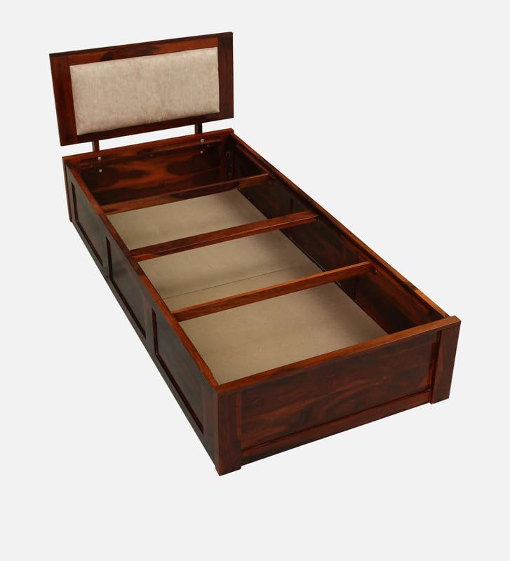 Image of Solid Sheesham Wood Pearl Single Bed with Box Storage | Wooden Single Bed Cot Palang Furniture for Bedroom Living Room Home and Hotel (Honey Oak Finish)