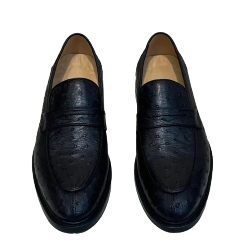 Generic Authentic Real Ostrich Skin Classic Solid Black Businessmen Soft Walking Dress Loafers Genuine Leather Male Slip-on Suits Shoes, 9.5
