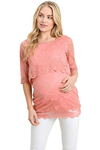 Hello MIZ Women's Floral Lace Double Layered Breastfeeding Nursing Top (Medium, Coral)