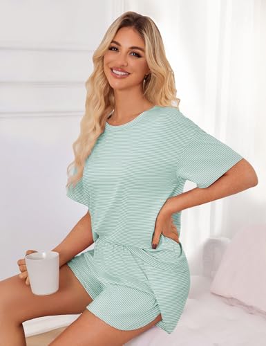 Image of JUSTFASHIONNOW Womens Pajama Sets Shorts Striped Print Two Piece Lounge Sets Crew Neck Sleepwear Split Shorts Set Soft Pjs
