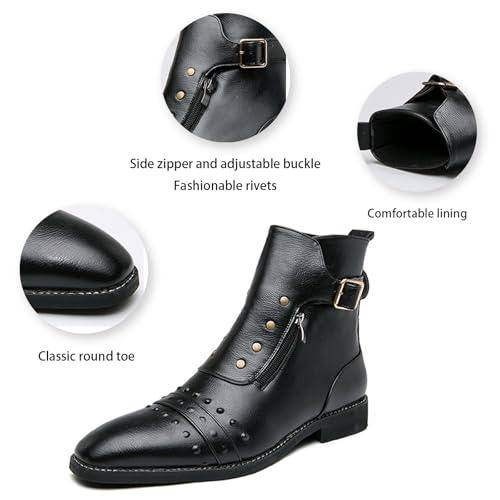Men's Leather Studded Chelsea Boots with Side Zipper,Adjustable Buckle Comfort Chunky Heel Dress Booties for Motorcycle Riding，Casual Non-Slip Oxford Ankle Boots for Punk Rock Formal4