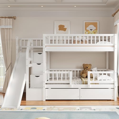 Merax Twin Over Twin Bunk Bed with Slide and Storage Staircase, Wooden Bunk Bed with 2 Drawers, Pine Wood Frame Loft Bed with Guardrails, No Box Spring Needed for Bedroom, White