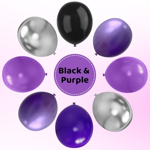 Image of Purple and Black Balloons, 67pcs 12 Inch Purple Black Silver Latex Balloons for Birthday Graduation Bridal Shower Halloween Party Decorations