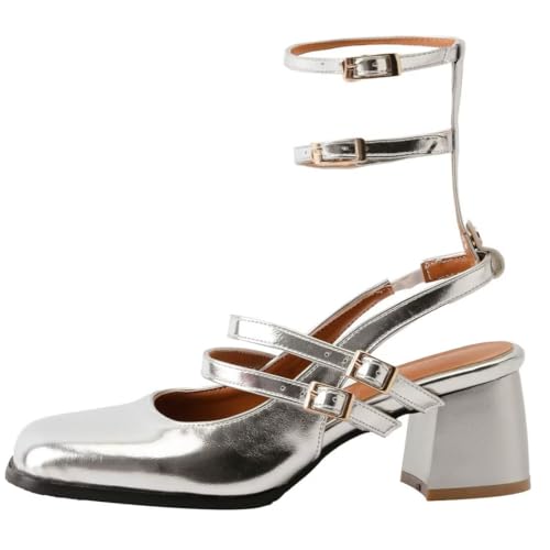 KISSASA Punk Goth Mary Jane Shoes Patent Leather Square Toe Chunky Heel Buckle Strappy Pumps Silver Size 9