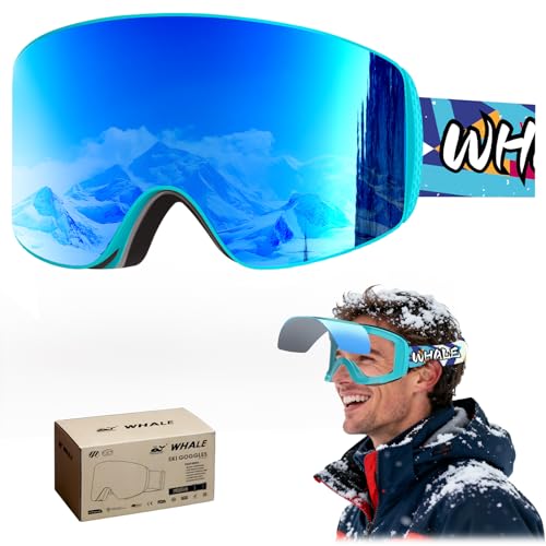 Whale Ski Goggles OTG Anti-Fog Frameless Snow/Snowboard Goggles Mirror lens for Men, Women & Youth - 100% UV Protection (Blue polarizer, Adult/Small)