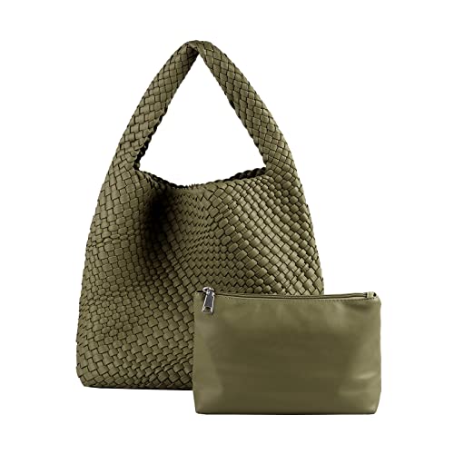 Image of Woven Tote Bag for Women with Purse, Vegan Leather Hobo Bags Large Handmade Underarm Shoulder Bag