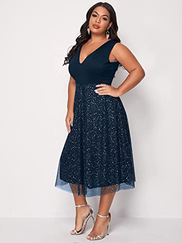 Floerns Women's Plus Size V Neck Sleeveless Contrast Mesh Evening Midi Dress Navy Blue 3Xl #TOP2