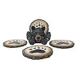 Resin Bear Coaster Set β Rustic Lodge Decor with 4 Bear Paw Print Coasters and Sturdy Holder β Cabin Style Drink Coasters for Coffee Table, Bar, Kitchen β Great Gift for Wildlife & Nature Lovers