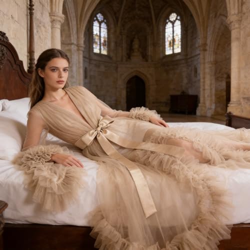 Image of Women's Long Bridal Robes Tulle Lingerie Maternity Bathrobe Photoshoot Illusion Wedding Scarf Party Nightgown