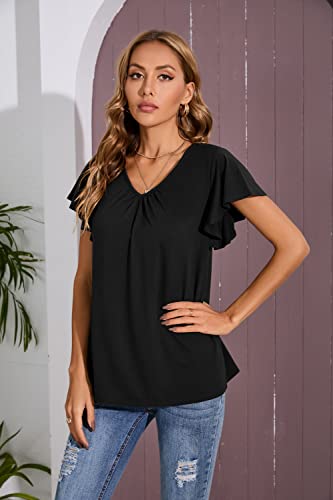 Iandroiy Women's Casual Shirred V-Neck Top Ruffle Short Sleeve Shirts Basic Pleated Top3