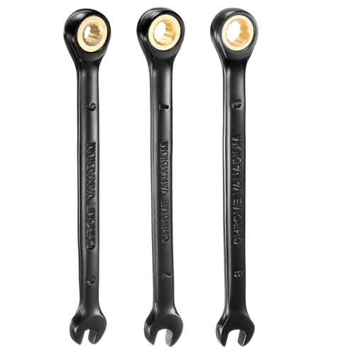 sourcing map 3Pcs Ratcheting Spanner Set 6-8mm Metric Open End Wrench 72-Teeth CR-V Steel 12 Point Nickel Plated Combination Ratchet Wrench for Fasteners Nut Bolt
