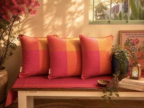 Image of RANGBHAR Handloom 100% Cotton Cushion Cover Set of 3 | Cushion with All-Around Piping for Premium Finish | 16x16 Inches Hand Woven Striped Cushion Covers - Orange