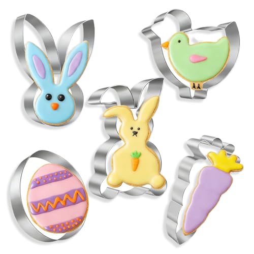 5Pcs Easter Cookie Cutters Stainless Steel Easter Biscuit Cutter for Baking and Easters Party Decoration Gift - Egg Chick Carrot Bunny Rabbit Face