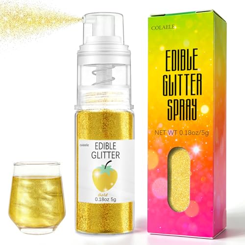 Gold Edible Glitter Spray for Cakes Drinks - Colaele 5 Grams Shimmer Luster Dust Food Grade Metallic Sprinkle Decorating for Cake Decorating, Cookies Baking, Chocolate, Strawberries, Vegan
