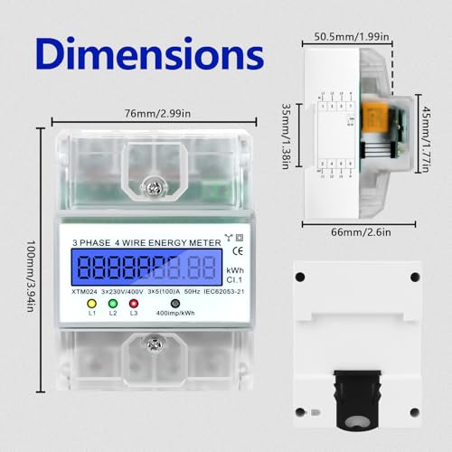 LCD Digitaler Stromzähler 3 Phasen Stromzähler Hutschiene Geeicht 4-Draht Drehstromzähler Hutschiene Drehstromzähler 3 Phasen Geeicht Zwischenzähler Strom Zwischenzähler 3X230/400V, 3X5(100) A