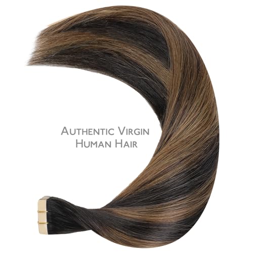 Image of WENNALIFE Tape in Hair Extensions Human Hair Balayage Natural Black to Chestnut Brown Tape in Extensions, 10pcs 20g 12 inch Remy Invisible Tape Ins Straight Soft Real Human Hair Tape in Extensions