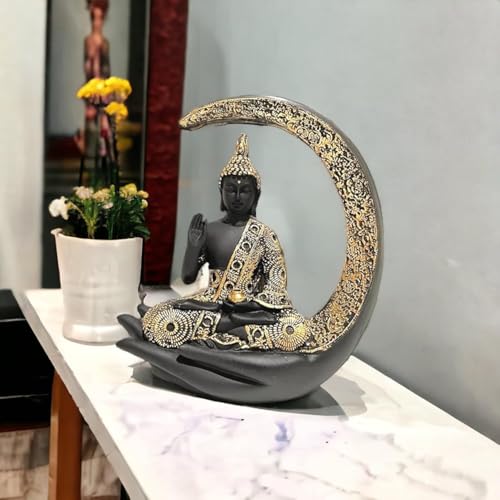 Image of Black & Gold Meditating Buddha Statue with Crescent Moon & Hand Base - Spiritual Buddha Idol for Home Decor, Feng Shui Lucky Showpiece for Living Room