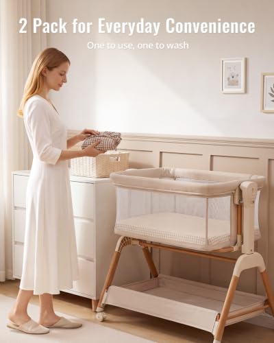 Image of Blissful Diary Muslin Bassinet Sheet, 2 Pack, Beige Gingham & Brown Gingham | fitted for bassinet mattress, soft and breathable cotton, boho style, easy care for machine wash, gift for boy and girl