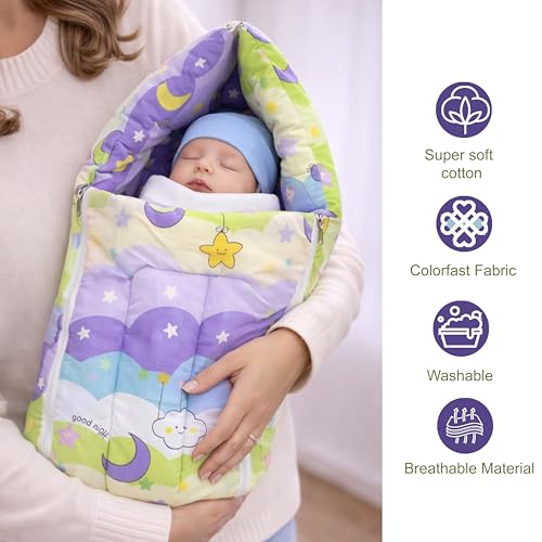 Image of Fareto Combo of Baby Bed with Net | Carry Bag | 4 Pcs Bedding Set (0-6 Months, Baby Size, Cotton) (PURPAL NEW Star)