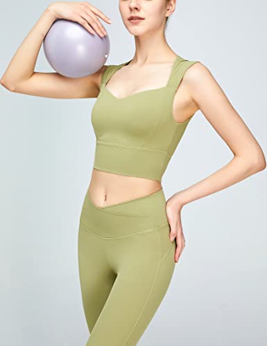 Square Neck Sports Bra For Women Non-Removable Padded Yoga Tank Tops Workout Fitness Basic Crop Tops Lime Green,S #TOP4