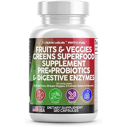 Clean Nutraceuticals Fruits and Veggies Supplement Reds & Green Superfood - Balance of Over 70 Fruit & Vegetable Supplements Capsules with Probiotics Prebiotics Digestive Enzymes - 120 Ct USA Cover