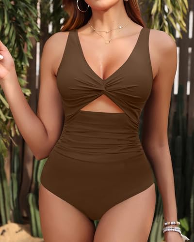 Image of Tempt Me Women One Piece Swimsuits Tummy Control Cutout Bathing Suits Ruched V Neck Twist Front Swimwear