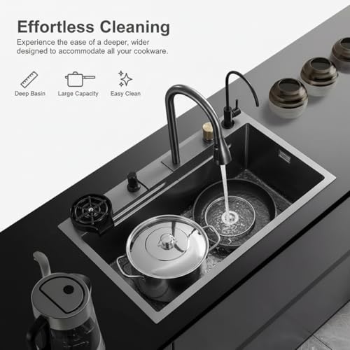 Image of WALLACE 304 Grade Black Single Bowl Multifunction Kitchen Sink 30x18x10 inches | Stainless Steel Workstation Sink with Integrated Waterfall Cup Washer Drain Basket RO Tap & Pull Down Faucet